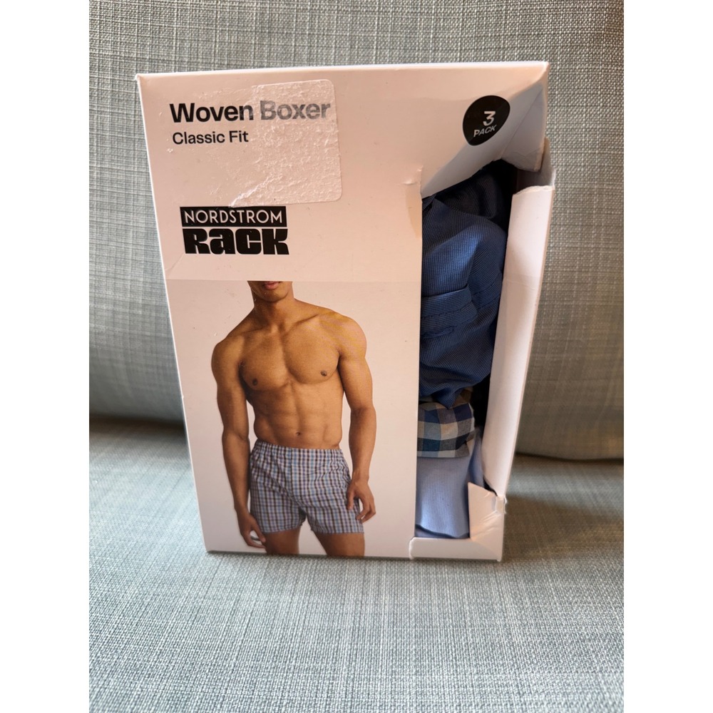 Nordstrom Rack Men Woven Boxer 3-Pack Classic Fit Blue Grey Plaid Large NEW